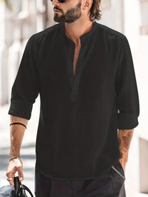 Men&#39;s Regular Fit Linen Shirt With Boat Collar And Long Sleeves