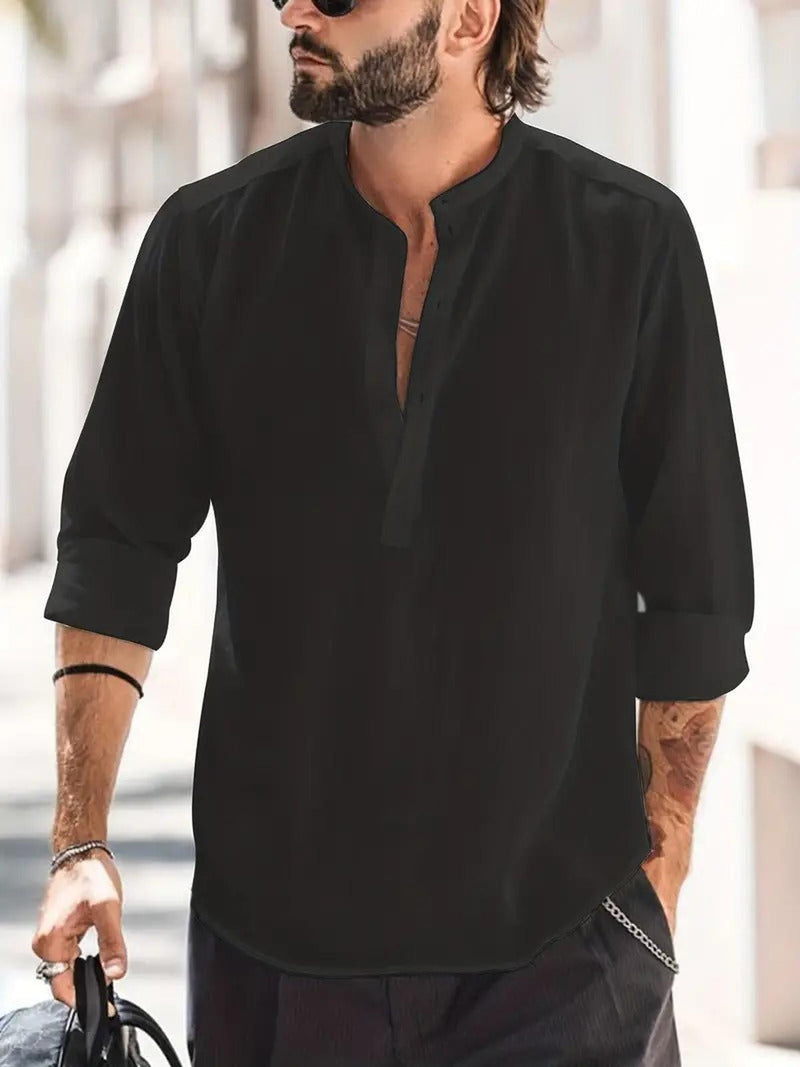 Men&#39;s Regular Fit Linen Shirt With Boat Collar And Long Sleeves
