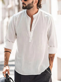 Men&#39;s Regular Fit Linen Shirt With Boat Collar And Long Sleeves