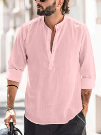 Men&#39;s Regular Fit Linen Shirt With Boat Collar And Long Sleeves