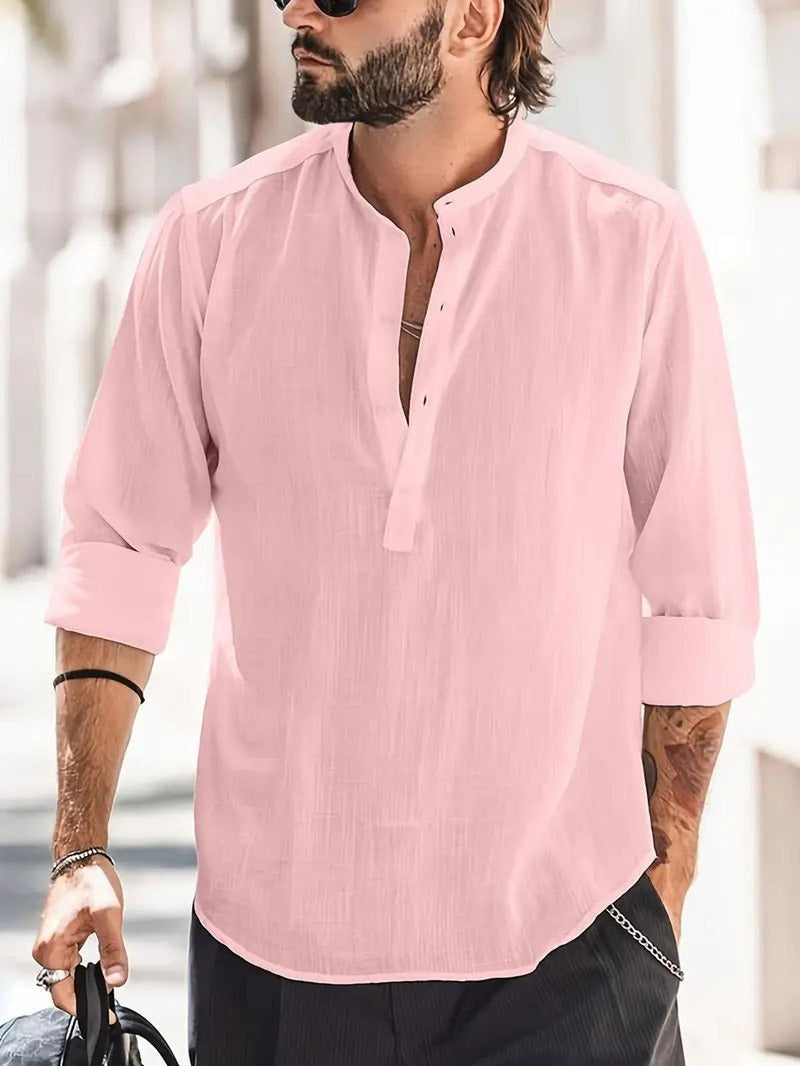 Men&#39;s Regular Fit Linen Shirt With Boat Collar And Long Sleeves