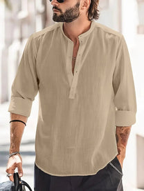 Men&#39;s Relaxed Fit Band Collar Long-Sleeve Shirt