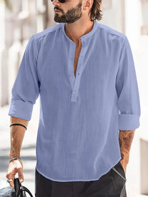 Men&#39;s Relaxed Fit Band Collar Long-Sleeve Shirt