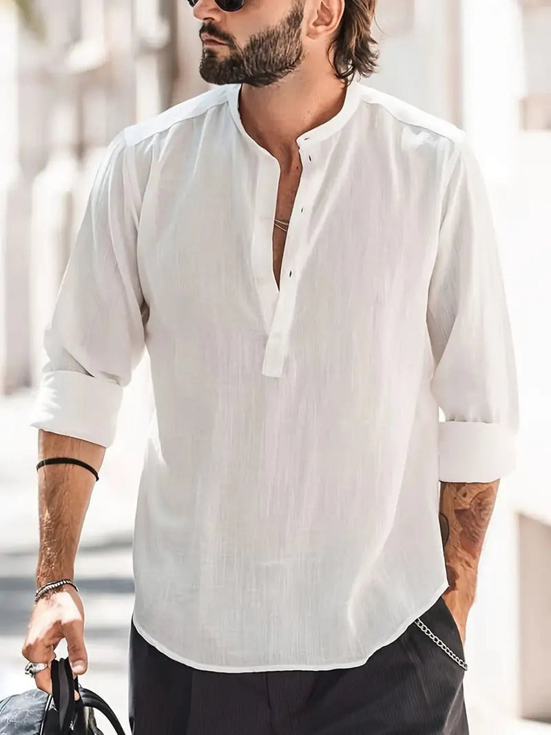 Men&#39;s Relaxed Fit Band Collar Long-Sleeve Shirt