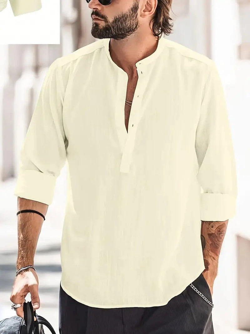 Men&#39;s Relaxed Fit Band Collar Long-Sleeve Shirt