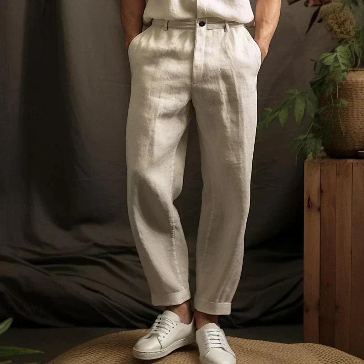 Men&#39;s Relaxed Fit Linen Pants Straight Cut Summer Trousers
