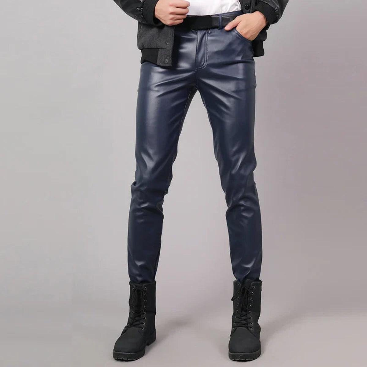 Men&#39;s Skinny Fit Elastic Leather Pants