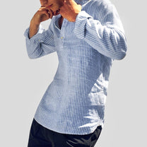 Men&#39;s Striped Linen Blend Band Collar Henley Shirt