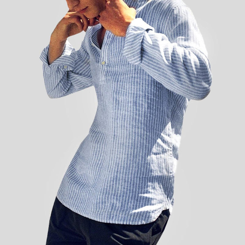 Men&#39;s Striped Linen Blend Band Collar Henley Shirt