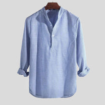 Men&#39;s Striped Linen Blend Band Collar Henley Shirt