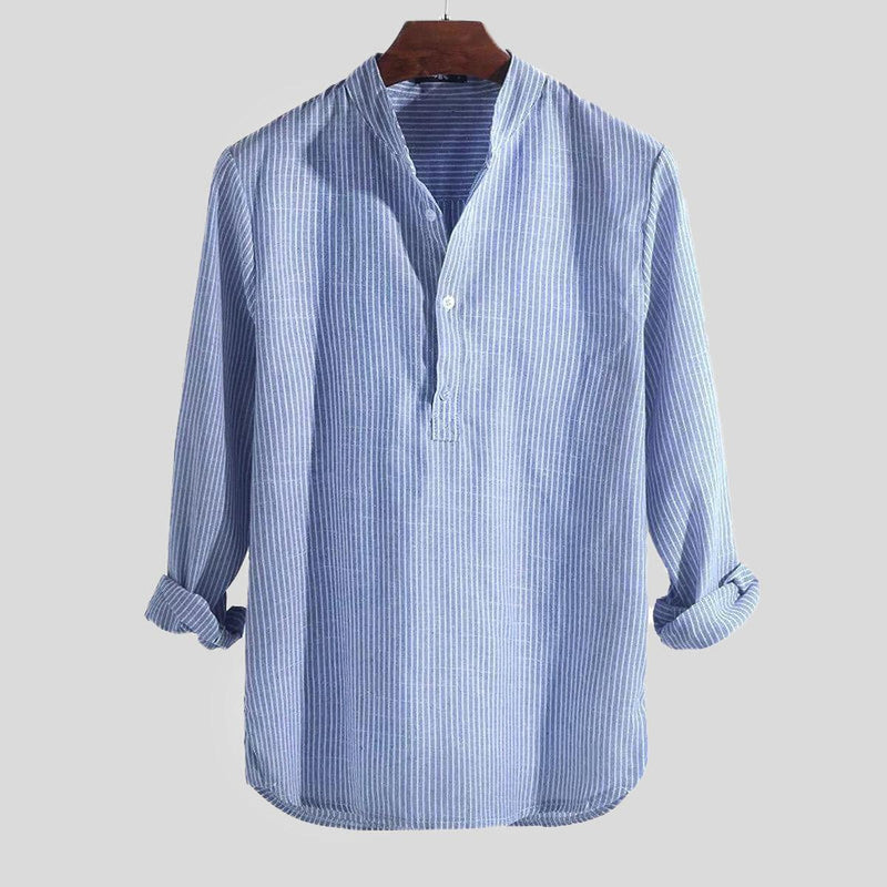 Men&#39;s Striped Linen Blend Band Collar Henley Shirt