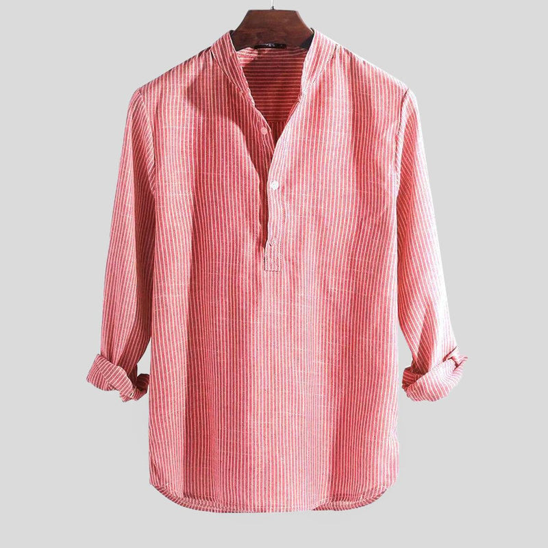 Men&#39;s Striped Linen Blend Band Collar Henley Shirt
