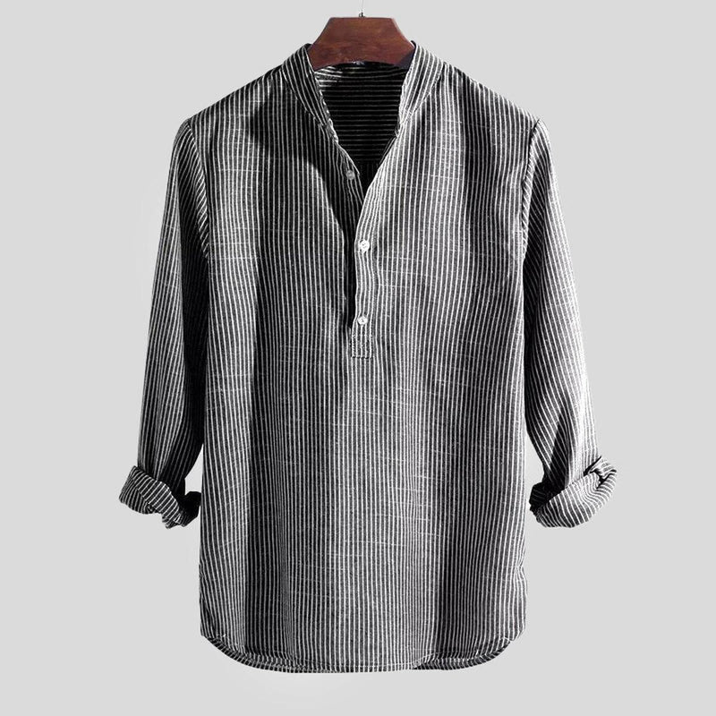 Men&#39;s Striped Linen Blend Band Collar Henley Shirt