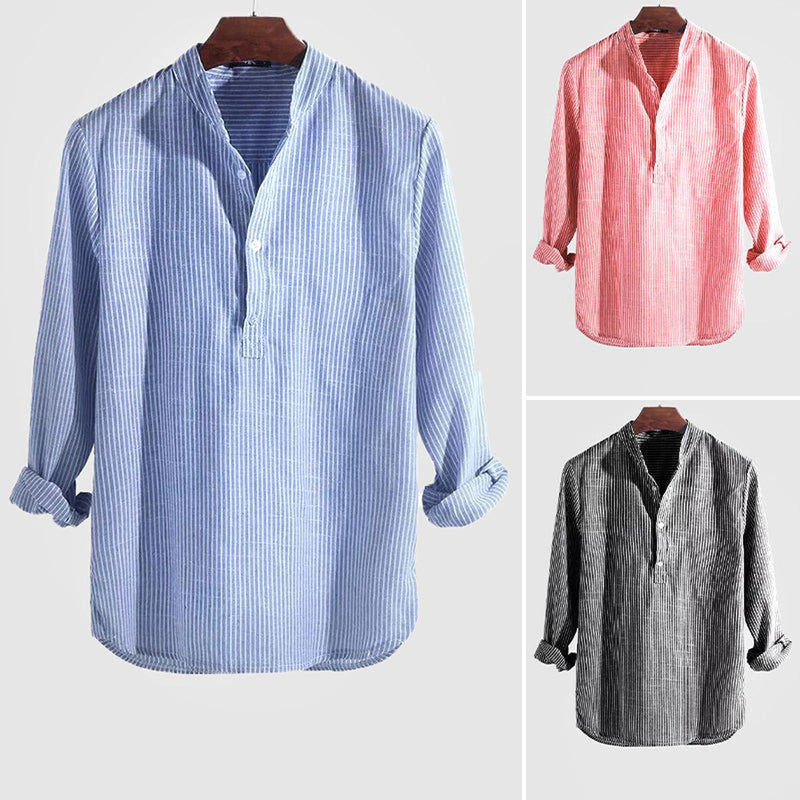 Men&#39;s Striped Linen Blend Band Collar Henley Shirt