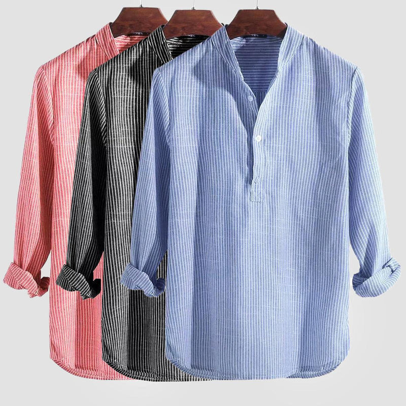 Men&#39;s Striped Linen Blend Band Collar Henley Shirt