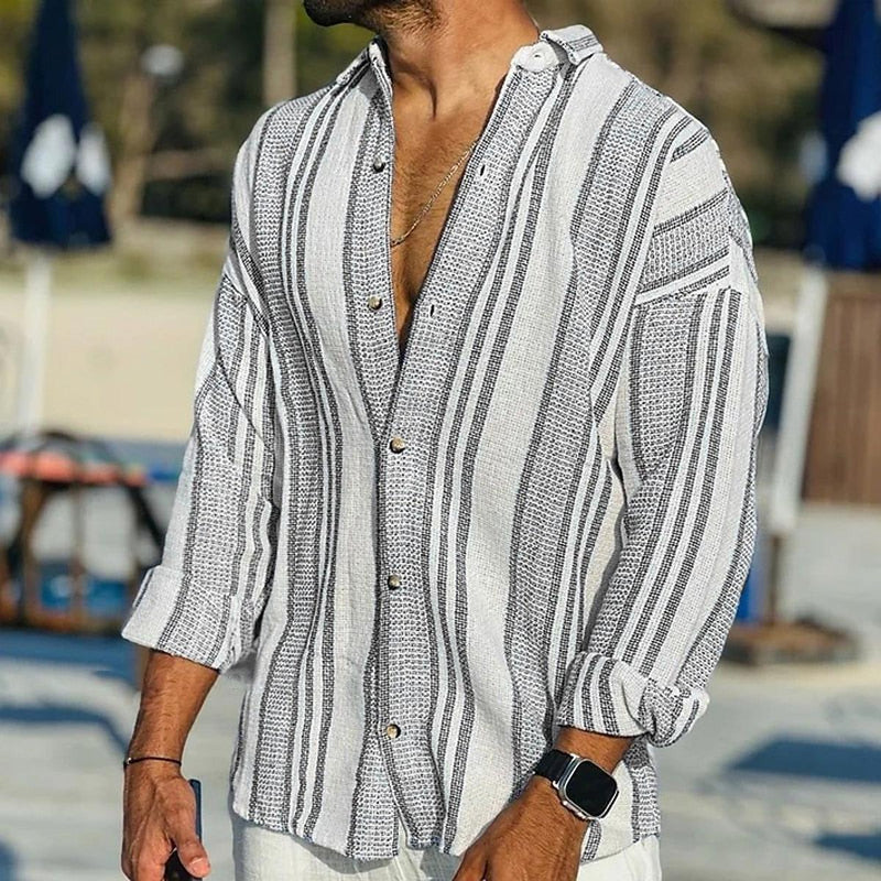 Men&#39;s Striped Long Sleeve Shirt Polyester Linen Blend