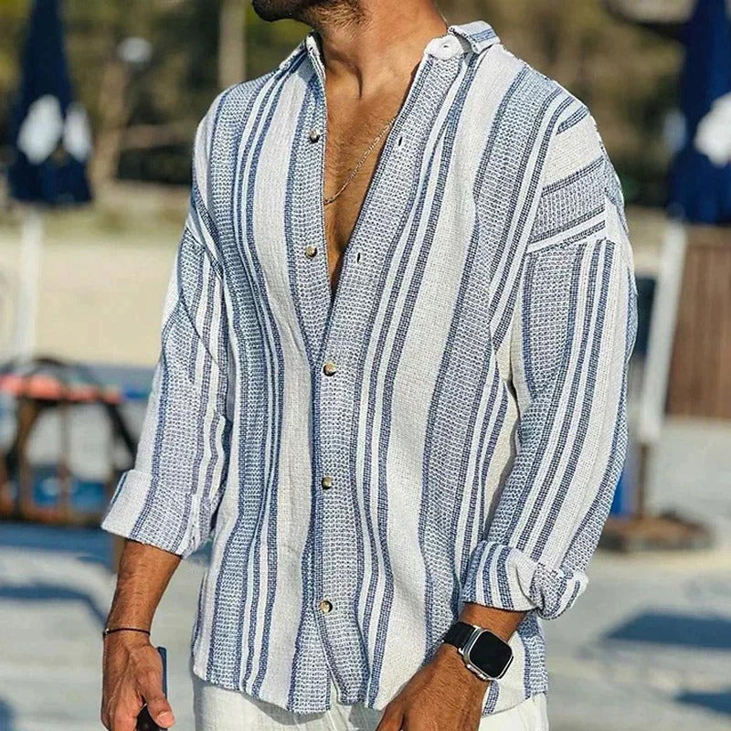 Men&#39;s Striped Long Sleeve Shirt Polyester Linen Blend