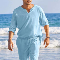 Men&#39;s Summer Linen Set Breathable Wrinkle-Resistant O-Neck