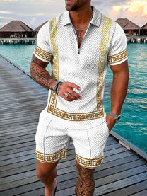 Men&#39;s Textured Zip Polo And Shorts Set