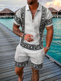 Men&#39;s Textured Zip Polo And Shorts Set