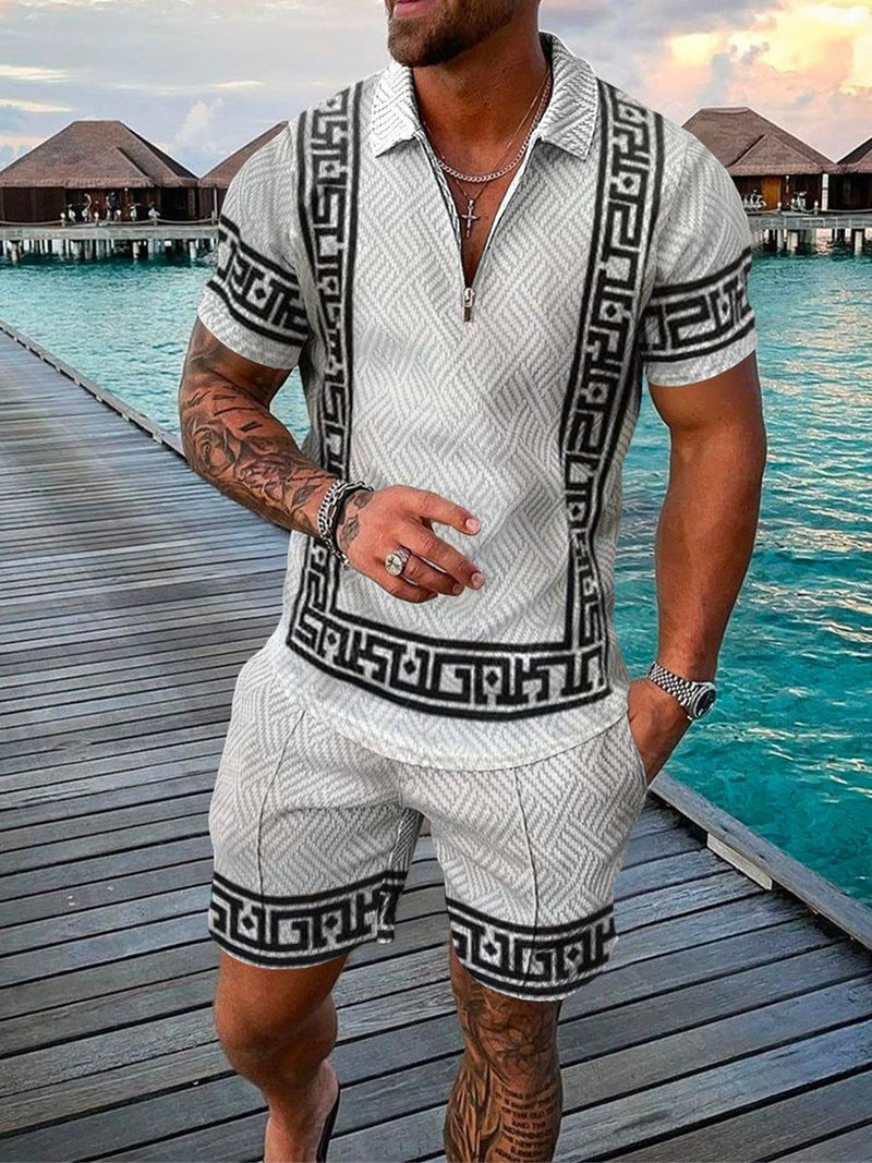 Men&#39;s Textured Zip Polo And Shorts Set