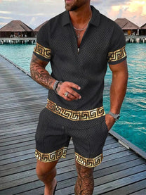Men&#39;s Textured Zip Polo And Shorts Set
