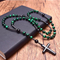 Men&#39;s Tiger Eye Lapis Lazuli Cross Rosary Necklace