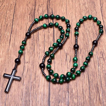 Men&#39;s Tiger Eye Lapis Lazuli Cross Rosary Necklace