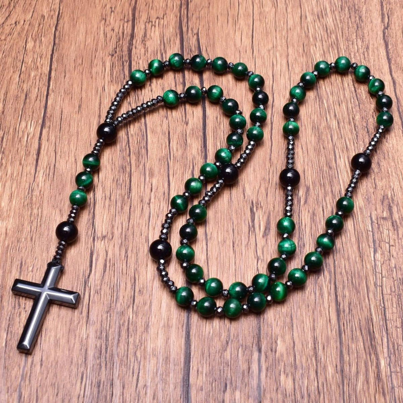 Men&#39;s Tiger Eye Lapis Lazuli Cross Rosary Necklace