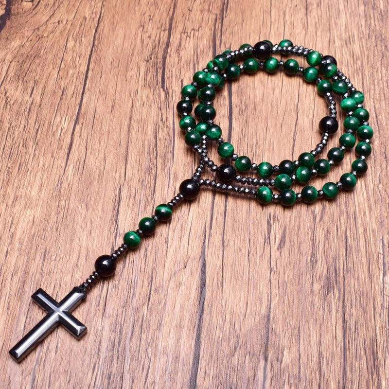 Men&#39;s Tiger Eye Lapis Lazuli Cross Rosary Necklace