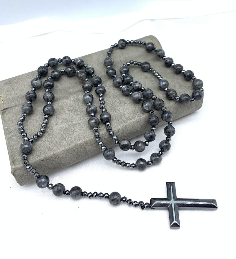 Men&#39;s Tiger Eye Lapis Lazuli Cross Rosary Necklace