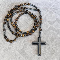 Men&#39;s Tiger Eye Lapis Lazuli Cross Rosary Necklace