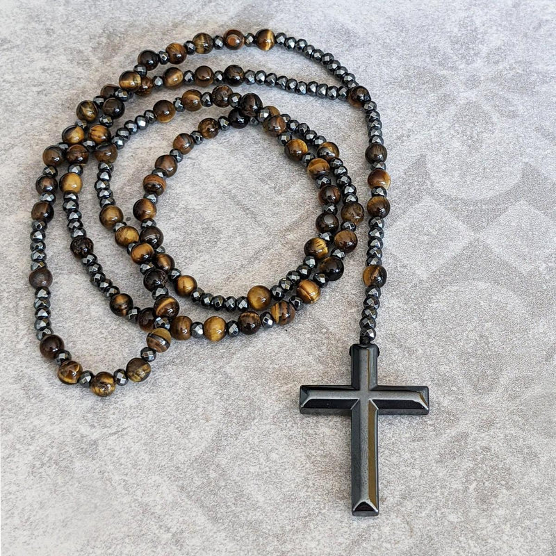 Men&#39;s Tiger Eye Lapis Lazuli Cross Rosary Necklace