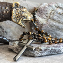 Men&#39;s Tiger Eye Lapis Lazuli Cross Rosary Necklace