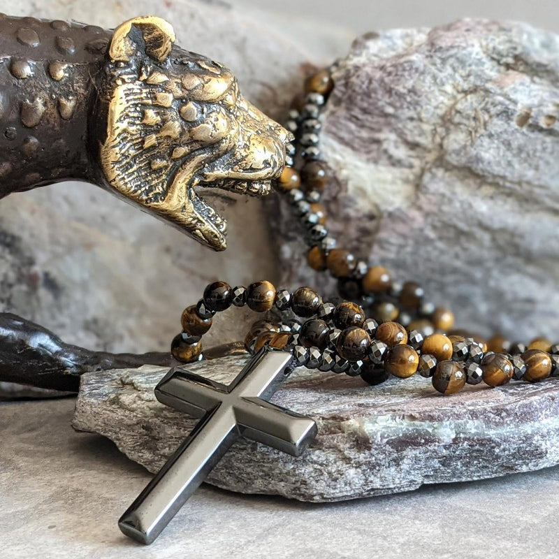 Men&#39;s Tiger Eye Lapis Lazuli Cross Rosary Necklace