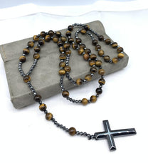 Men&#39;s Tiger Eye Lapis Lazuli Cross Rosary Necklace