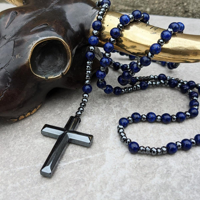 Men&#39;s Tiger Eye Lapis Lazuli Cross Rosary Necklace