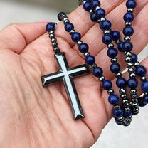 Men&#39;s Tiger Eye Lapis Lazuli Cross Rosary Necklace