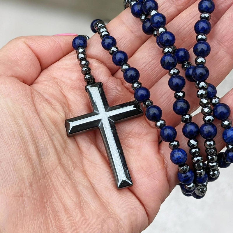 Men&#39;s Tiger Eye Lapis Lazuli Cross Rosary Necklace