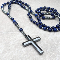 Men&#39;s Tiger Eye Lapis Lazuli Cross Rosary Necklace