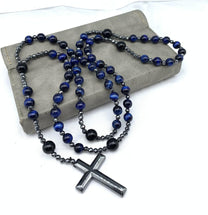 Men&#39;s Tiger Eye Lapis Lazuli Cross Rosary Necklace