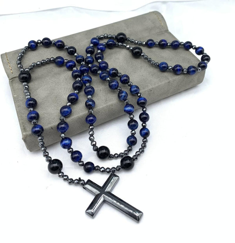 Men&#39;s Tiger Eye Lapis Lazuli Cross Rosary Necklace