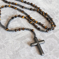 Men&#39;s Tiger Eye Lapis Lazuli Cross Rosary Necklace