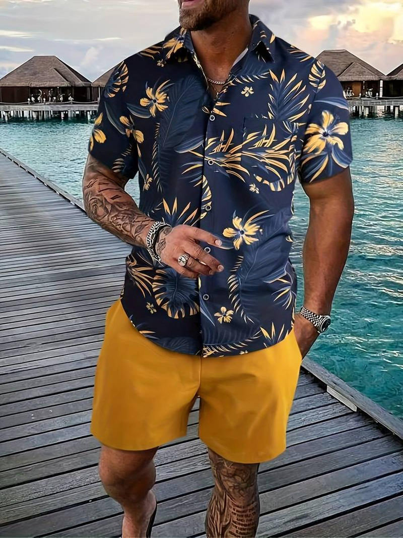 Men&#39;s Tropical Floral Print Button-Up Shirt