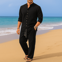 Men&#39;s Vintage Cotton Linen Blend Collarless Pullover Shirt