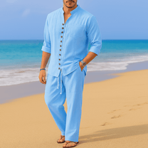 Men&#39;s Vintage Cotton Linen Blend Collarless Pullover Shirt
