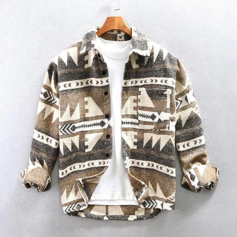 Men&#39;s Vintage Wool Flannel Shirt Retro Print Full Sleeve
