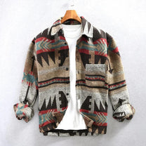 Men&#39;s Vintage Wool Flannel Shirt Retro Print Full Sleeve