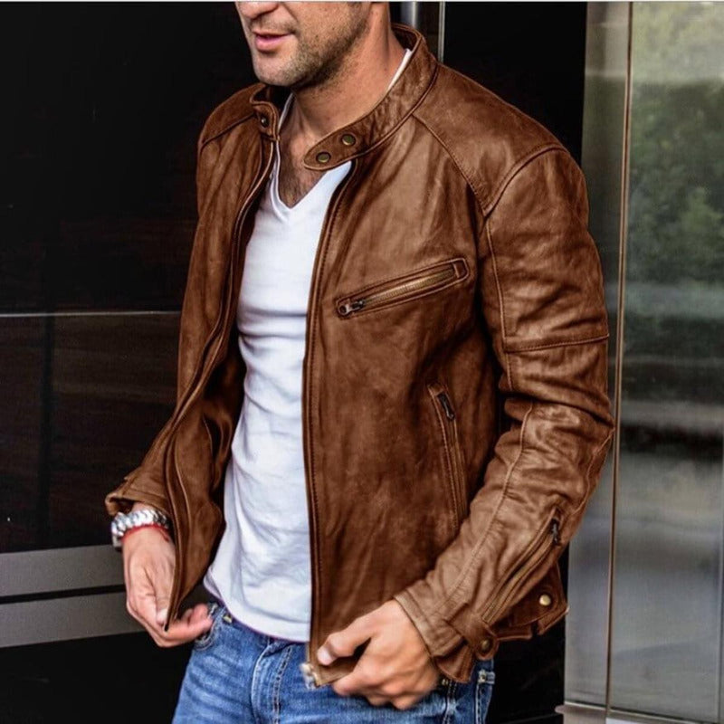 Men&#39;s Weather-Resistant Leather Jacket With Multiple Pockets