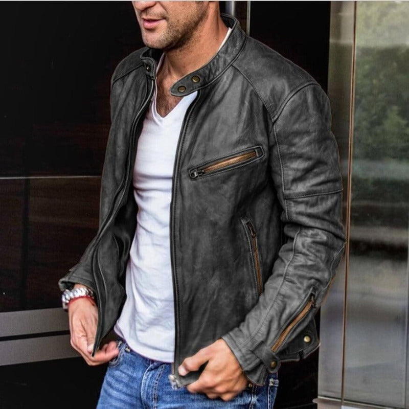 Men&#39;s Weather-Resistant Leather Jacket With Multiple Pockets